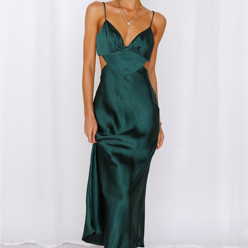 Hello Molly Green Satin Slip Dress Spaghetti Strap Midi